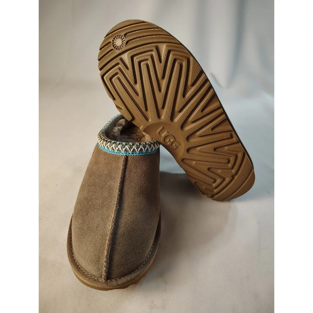 UGG Kids Tasman Chestnut Suede Slip On Slippers Blue Braid Embroidery Shoes 5